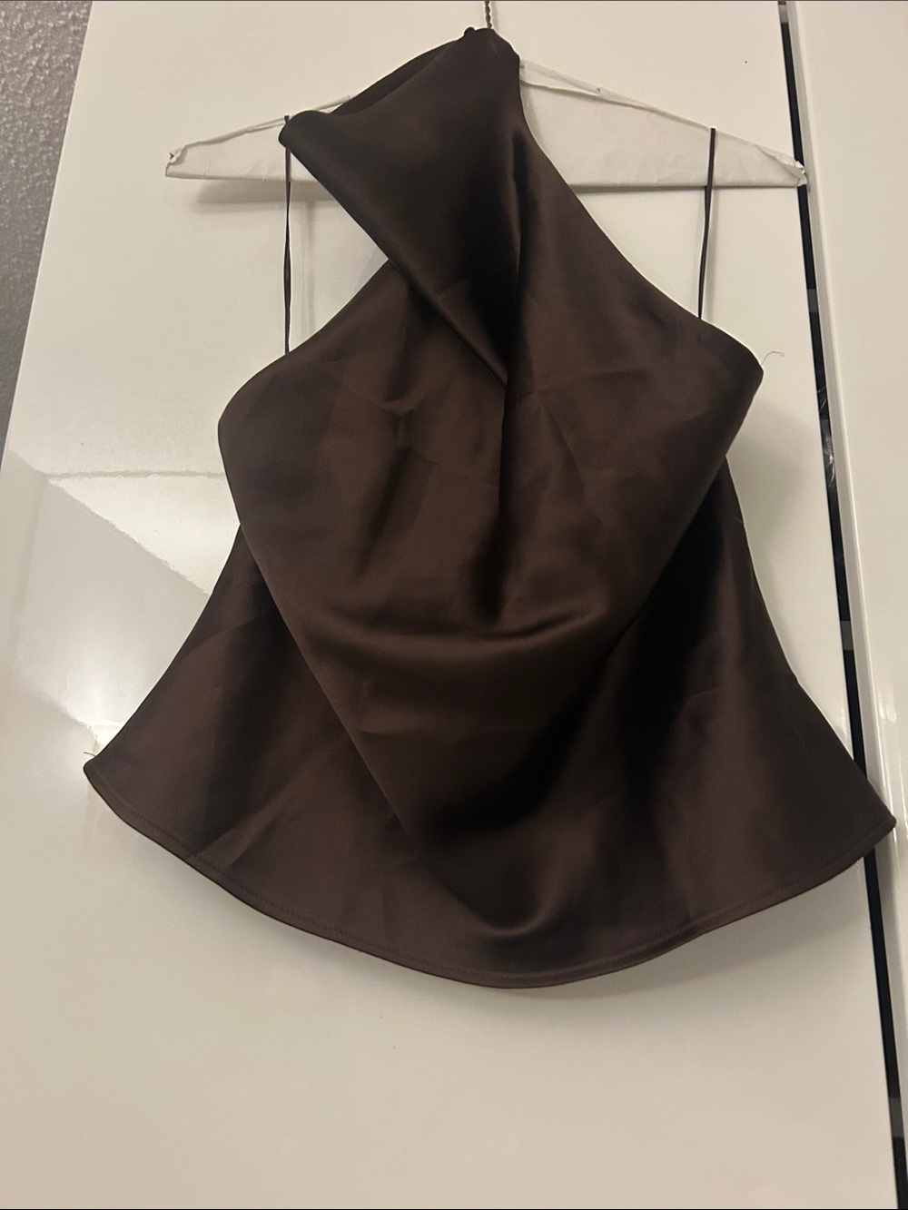 Zara Chocolate Brown Asymmetric Satin Halter Top